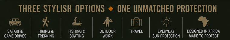 VARKVEL use cases: safari and game drives, hiking and trekking, fishing and boating, outdoor work, travel and everyday sun protection